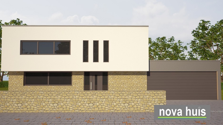 Kubistische ontwerp en bouwstijl. Moderne woning met natuursteen gevelstucwerk NOVA-HUIS K112 