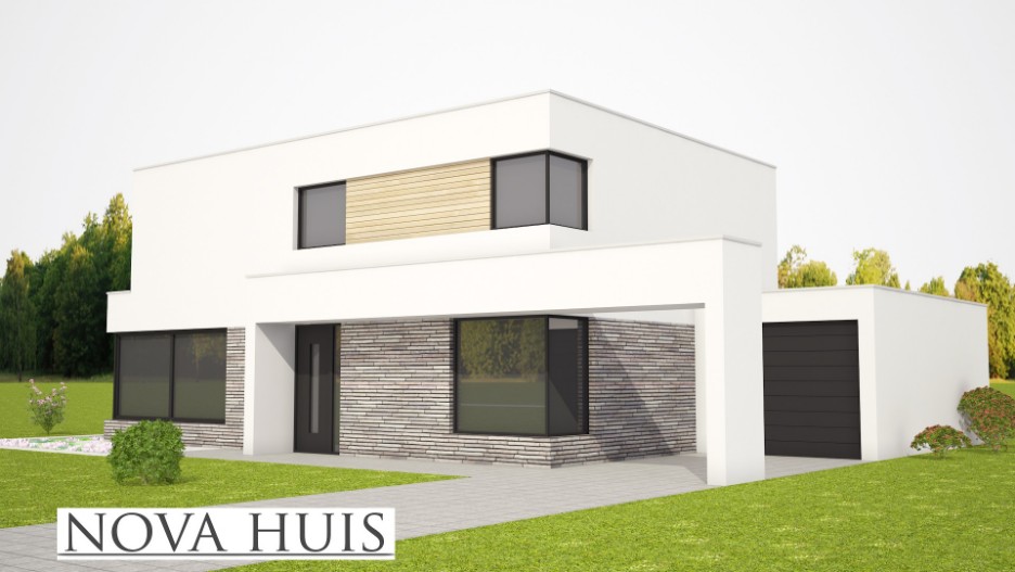 Moderne kubistische villa met overdekte terassen onderhoudsarm staalframebouw K215 NOVA-HUIS