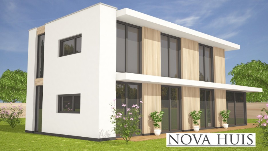 NOVA HUIS K342 mooie moderne witte villa met houtaccenten staalframe