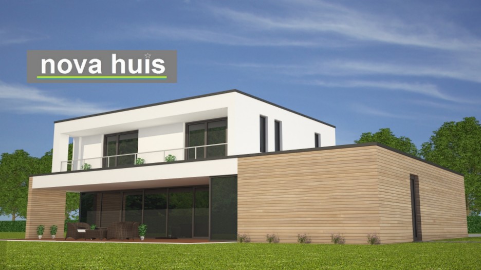 NOVA-HUIS architectuur kubistische woning M62 v1 dakterras gevelstuc hout natuursteen grote inpandige garage