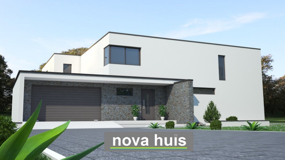 NOVA-HUIS moderne villawoning in kubistische bouwstijl gevels met natuursteen energieneutraal bouwen K18