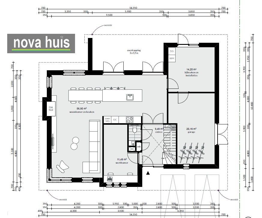 plattegrond klassieke moderne kubistische villa frank lloyd wright stijl bij NOVA-HUIS K164