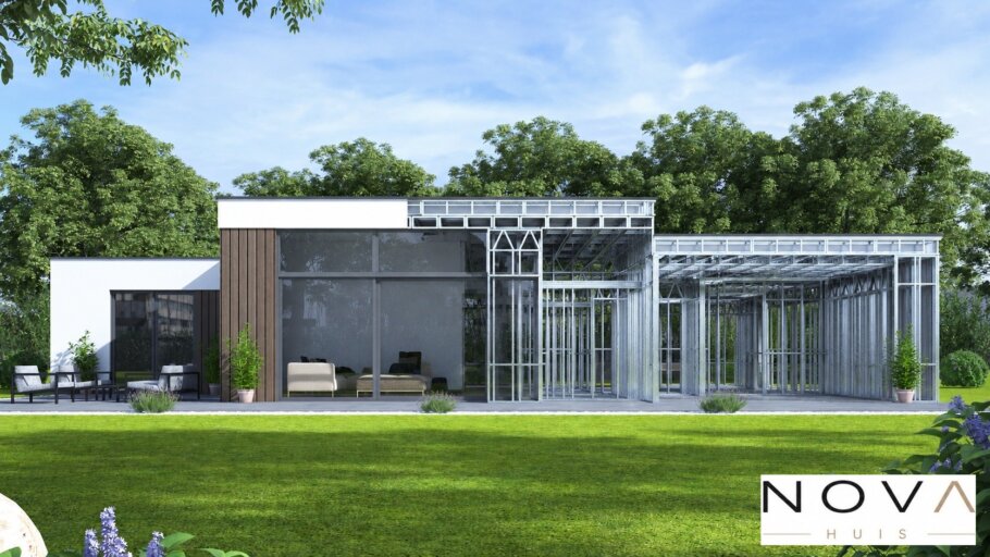 hier ziet u hoe een staalframebouw constructie in kubistische woning wordt verwerkt