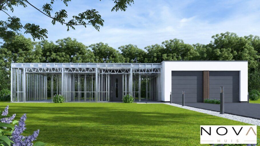 hier ziet u hoe een staalframebouw constructie in kubistische woning wordt verwerkt