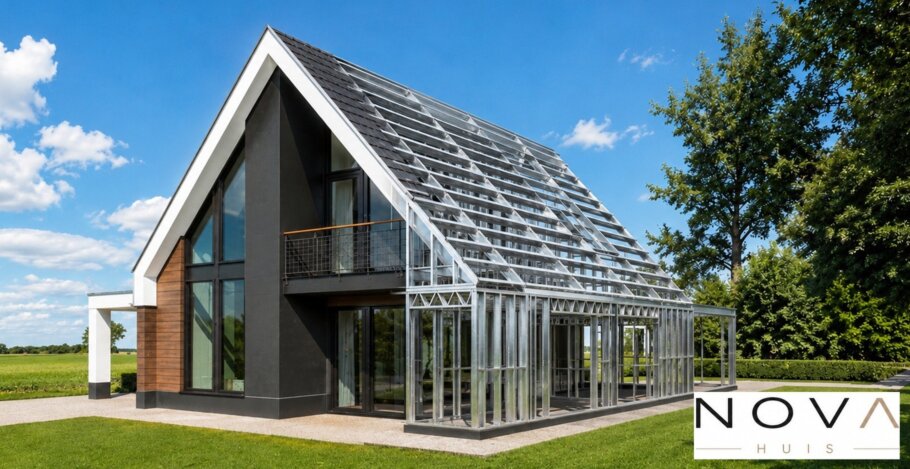 hier ziet u hoe een staalframebouw constructie in kubistische woning wordt verwerkt