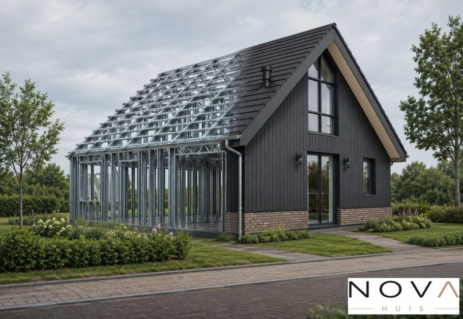 hier ziet u hoe een staalframebouw constructie in kubistische woning wordt verwerkt