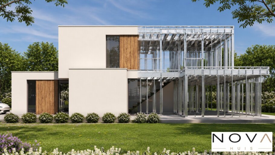 hier ziet u hoe een staalframebouw constructie in kubistische woning wordt verwerkt
