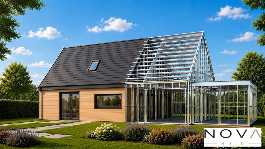 hier ziet u hoe een staalframebouw constructie in kubistische woning wordt verwerkt