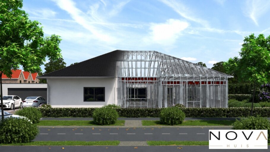 hier ziet u hoe een staalframebouw constructie in kubistische woning wordt verwerkt