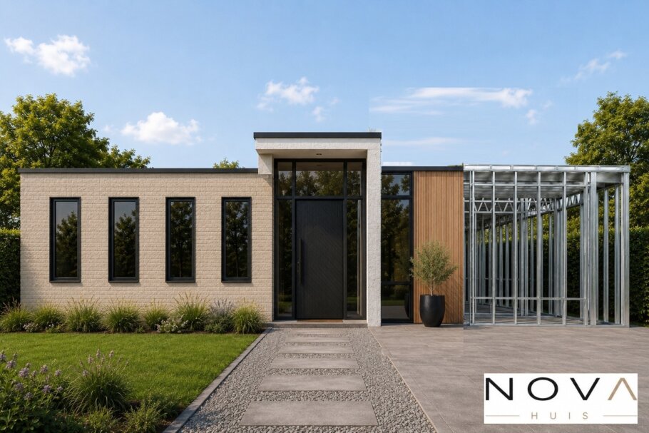 hier ziet u hoe een staalframebouw constructie in kubistische woning wordt verwerkt