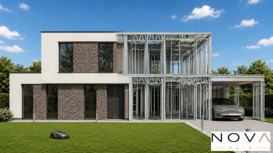 hier ziet u hoe een staalframebouw constructie in kubistische woning wordt verwerkt