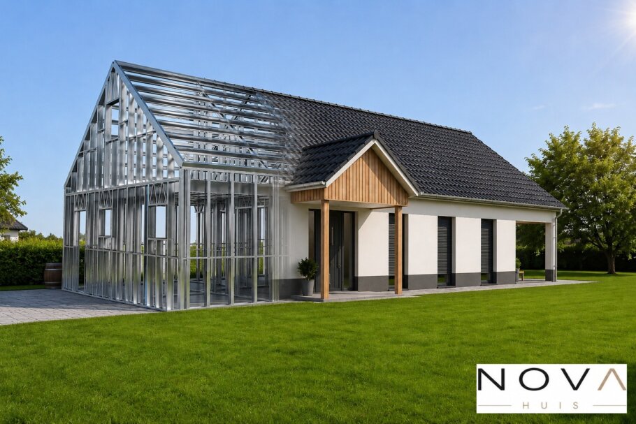 hier ziet u hoe een staalframebouw constructie in kubistische woning wordt verwerkt