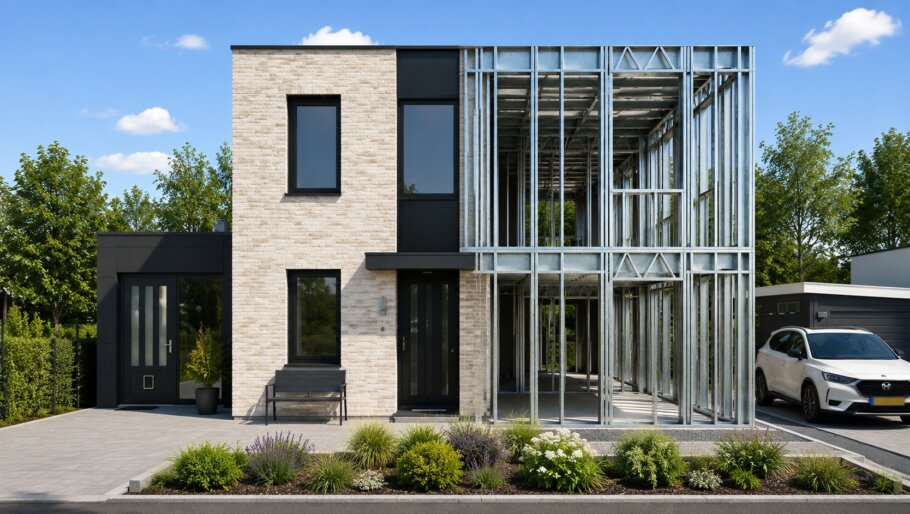 Moderne kubistische woning K-257 met plat dak, grote glaspartijen en levensloopbestendige indeling