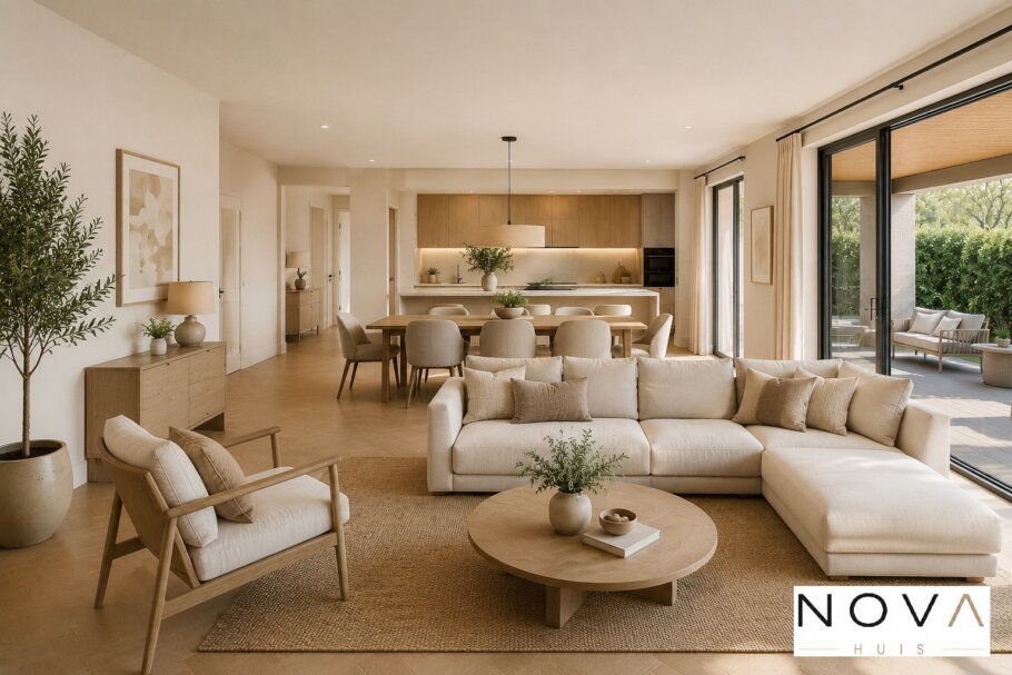 Modern interieur van levensloopbestendige schuurwoning met warme minimalistische inrichting