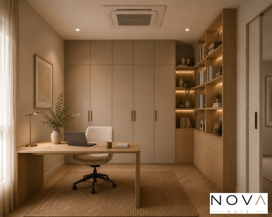 Modern interieur van levensloopbestendige schuurwoning met warme minimalistische inrichting