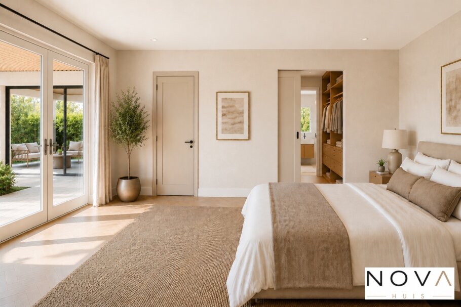 Modern interieur van levensloopbestendige schuurwoning met warme minimalistische inrichting
