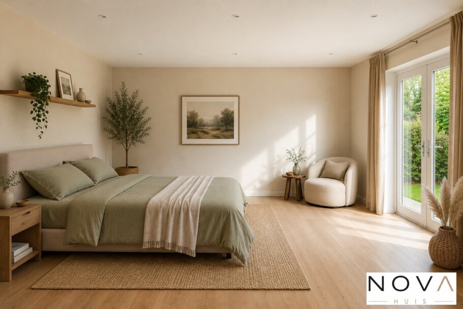 Modern interieur van levensloopbestendige schuurwoning met warme minimalistische inrichting