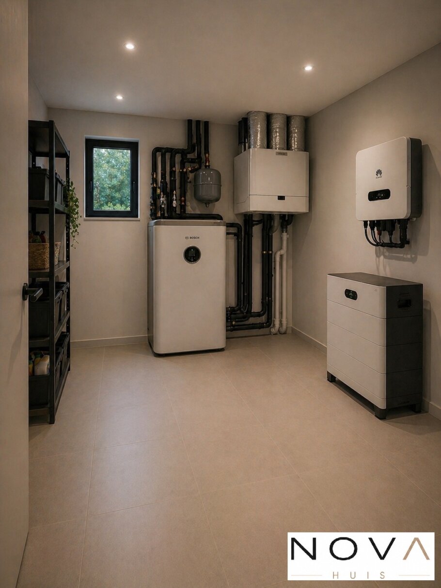 Modern interieur van kubistische woning K-257 met leefkeuken en grote glaspartijen