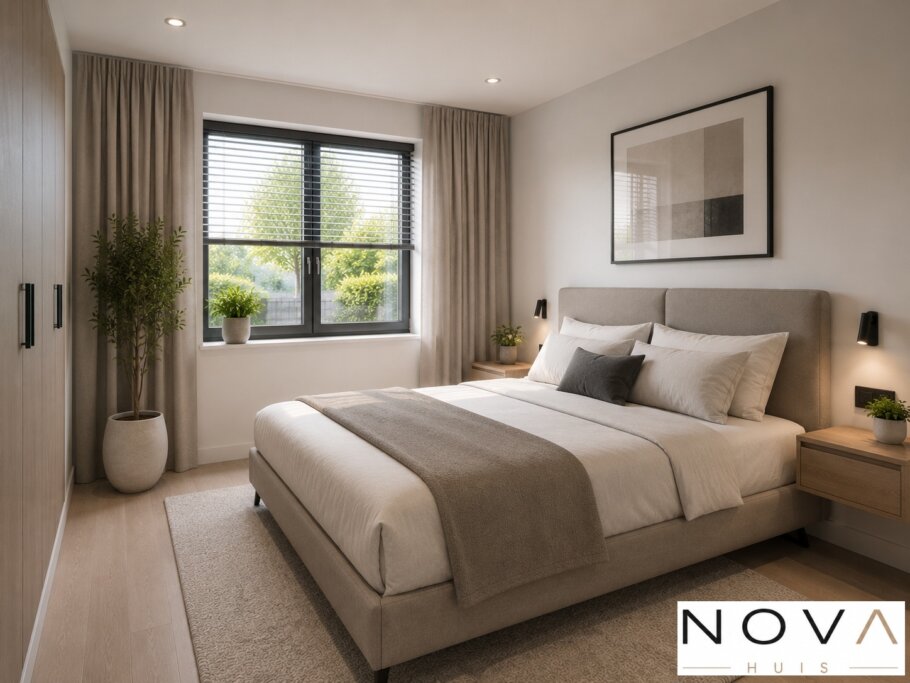 Modern interieur van kubistische woning K-257 met leefkeuken en grote glaspartijen