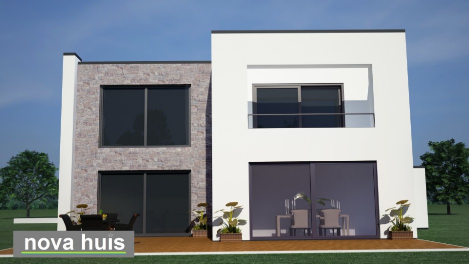 K6 strakke eigentijdse moderne kubistisch huis met veel ramen garage en verdiepingsterras 