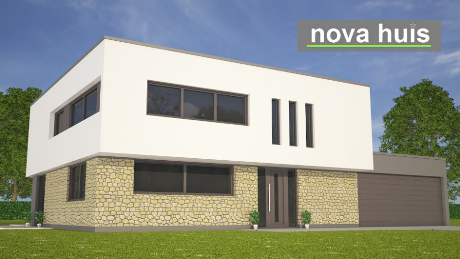 Kubistische ontwerp en bouwstijl. Moderne woning met natuursteen gevelstucwerk NOVA-HUIS K112 