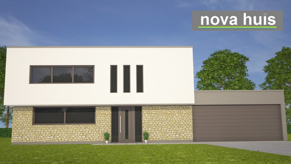 Kubistische ontwerp en bouwstijl. Moderne woning met natuursteen gevelstucwerk NOVA-HUIS K112 