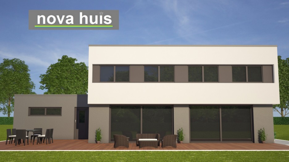 Kubistische ontwerp en bouwstijl. Moderne woning met natuursteen gevelstucwerk NOVA-HUIS K112 