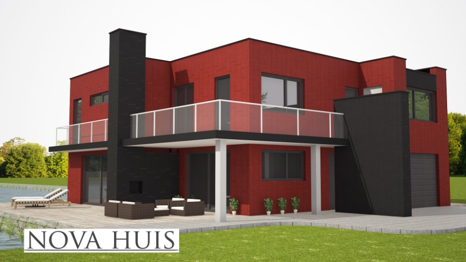 Kubistische watervilla met terrassen en haard moderne onderhoudsvrije gevels NOVA-HUIS K222