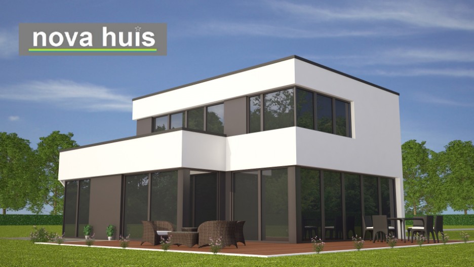 Modern woonhuis in kubistische ontwerp en bouwstijl met verdiepingsterras op platte dak K104 NOVA-HUIS 