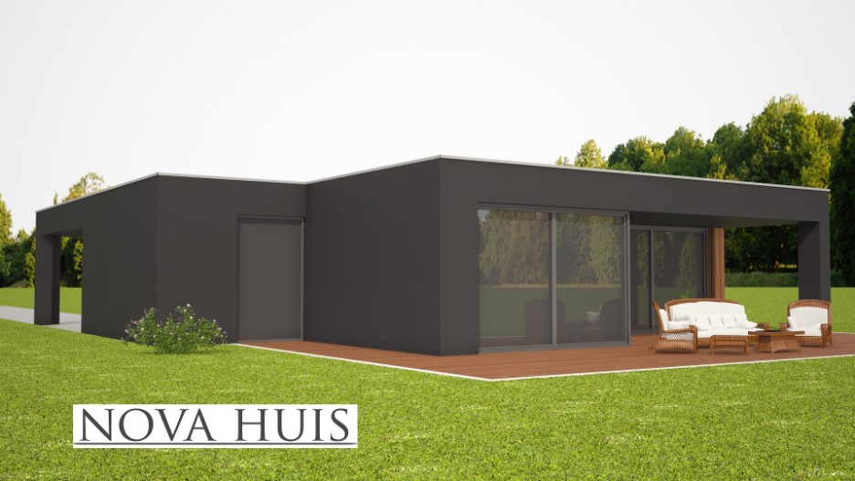 Moderne Bungalow met plat dak alles gelijkvloers ontwerp NOVA-HUIS ATLANTA-MBS Staalframebouw