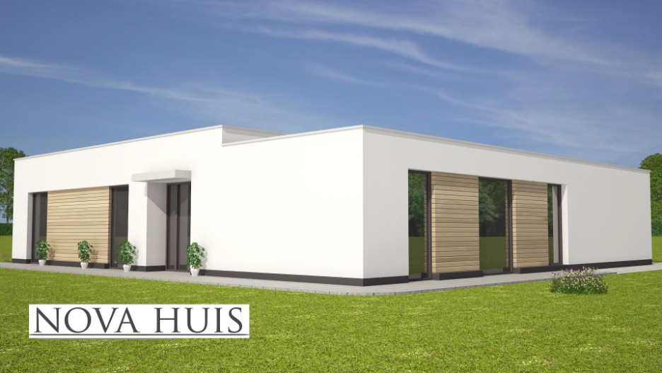 Moderne energieneutrale levensloopbestendige bungalow met vlak en plat dak A36 staalframebouw NOVA-HUIS