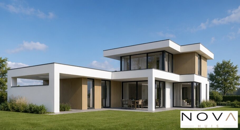 NOVA HUIS K-406 witte moderne kubistische kubus woning met veel glas prefab interieur