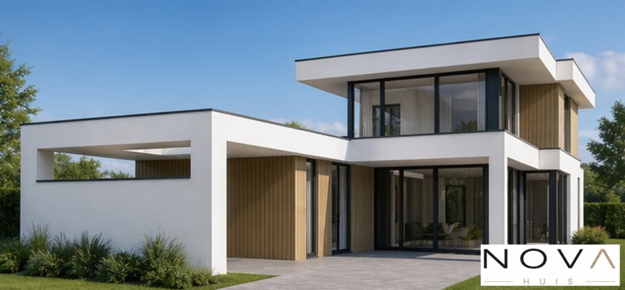 NOVA HUIS K-406 witte moderne kubistische kubus woning met veel glas prefab interieur