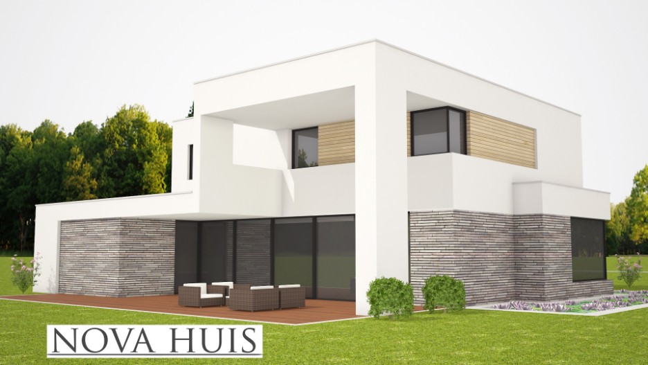 Moderne kubistische villa met overdekte terassen onderhoudsarm staalframebouw K215 NOVA-HUIS