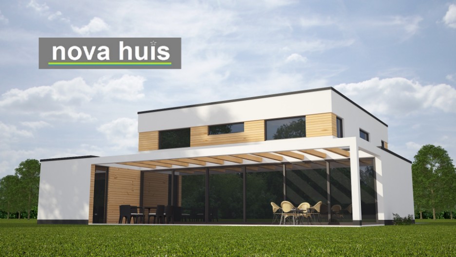 Moderne kubistische villa met verdieping plat dak overkapt terras energieneutraal gebouwd K91