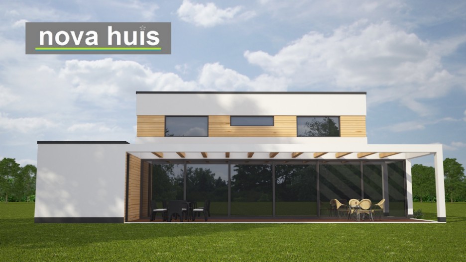 Moderne kubistische villa met verdieping plat dak overkapt terras energieneutraal gebouwd K91