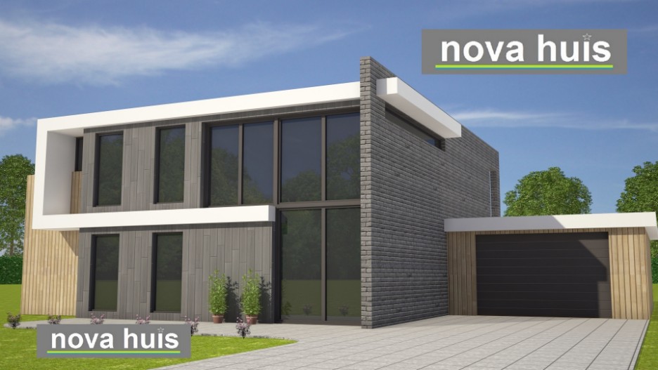 Moderne kubistische woning met veel licht glas overstekken grote garage onderhoudsvrije materialen K131 