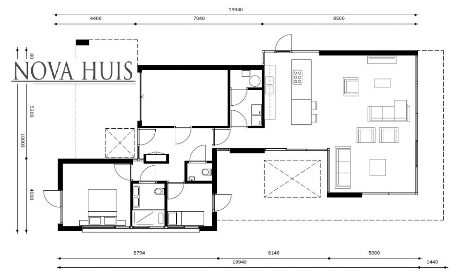 Moderne onderhoudsarme  bungalow met plat dak en overdekt terras NOVA-HUIS A58 