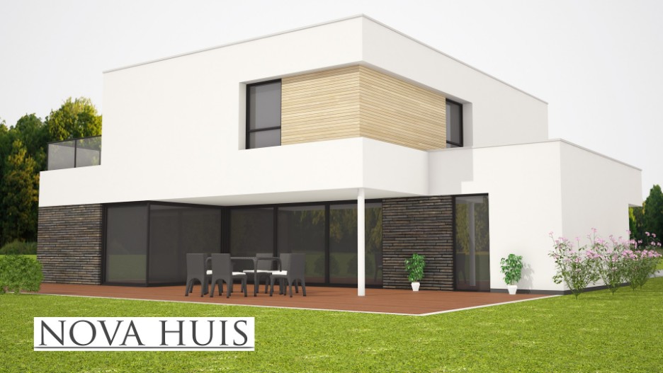 Moderne villa ontwerpen en bouwen met stuukwerk en natuursteen staalframe casco NOVA-HUIS 217
