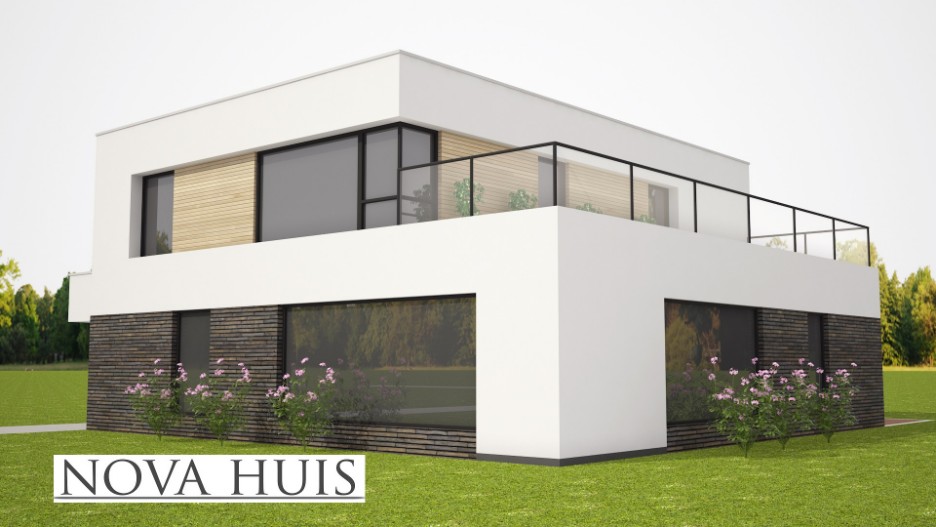 Moderne villa ontwerpen en bouwen met stuukwerk en natuursteen staalframe casco NOVA-HUIS 217