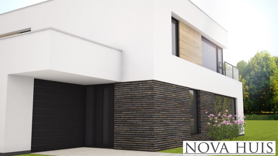 Moderne villa ontwerpen en bouwen met stuukwerk en natuursteen staalframe casco NOVA-HUIS 217