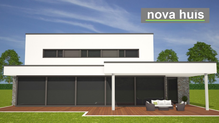 Mooi moderne kubistische woning of villa ontwerp met overdekt terras en veel glas energieneutraal bouwen K132