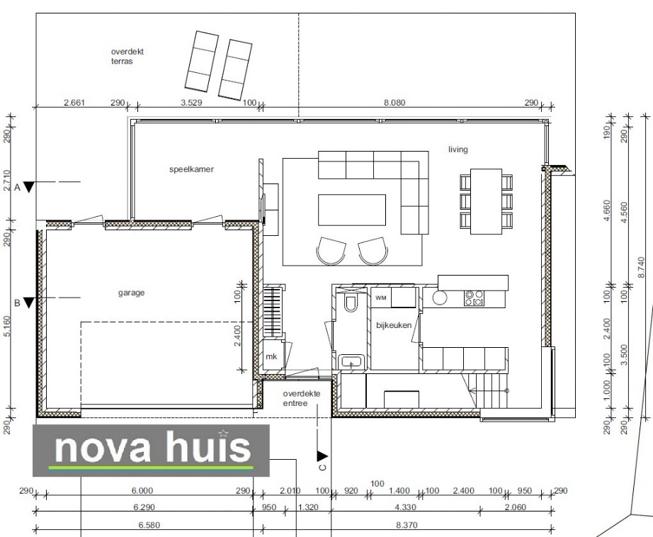 Mooi moderne kubistische woning of villa ontwerp met overdekt terras en veel glas energieneutraal bouwen K132