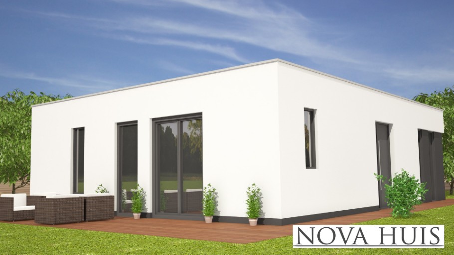 NOVA-HUIS A114 moderne bungalow met plat dak in staalframebouw Nederland bouwsysteem 