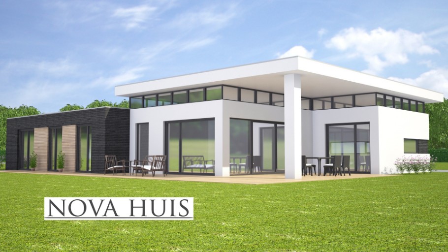 NOVA-HUIS A143 bungalow met verhoogde woonkamer overdekt terras staalframebouw Nederland
