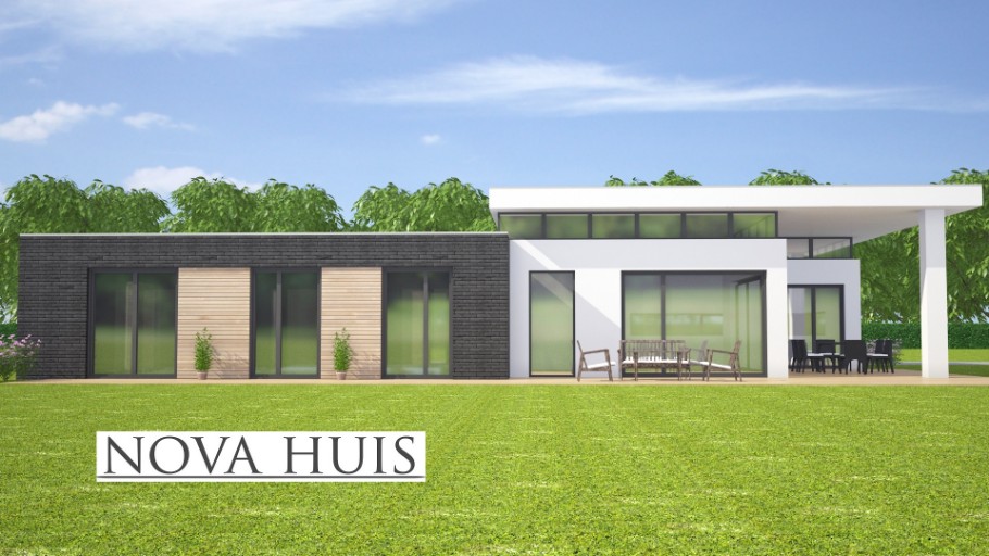 NOVA-HUIS A143 bungalow met verhoogde woonkamer overdekt terras staalframebouw Nederland