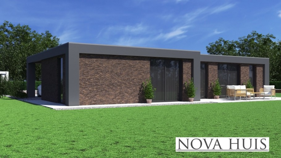 NOVA-HUIS A157 gelijkvloerse platdak bungalow bouwen staalframebouw Nederland 