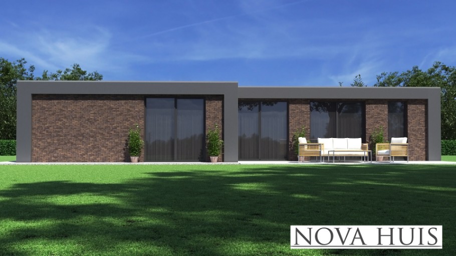 NOVA-HUIS A157 gelijkvloerse platdak bungalow bouwen staalframebouw Nederland 