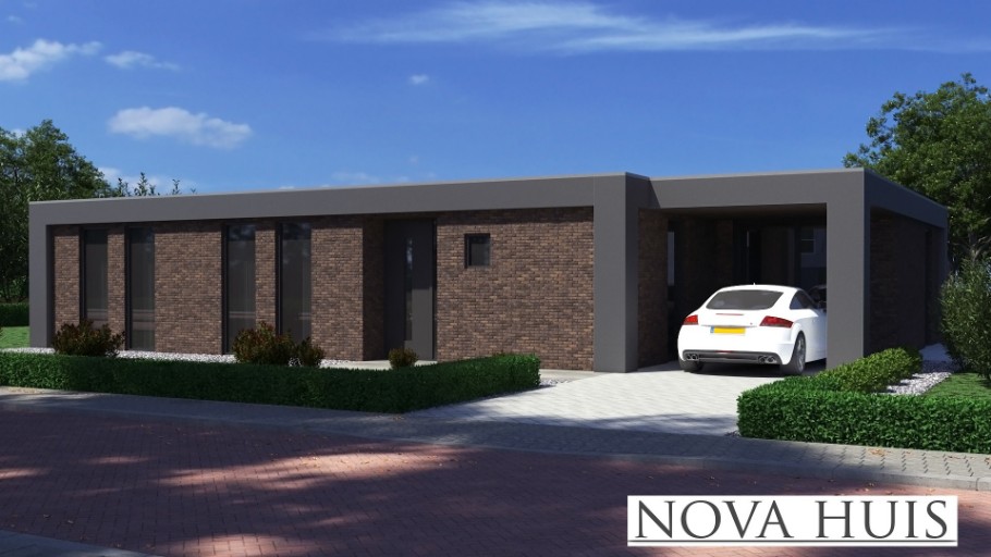 NOVA-HUIS A157 gelijkvloerse platdak bungalow bouwen staalframebouw Nederland 