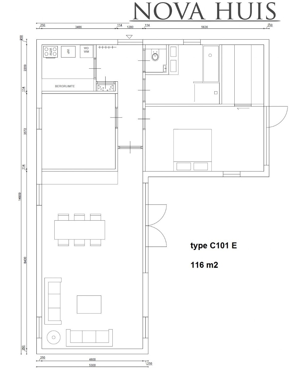 NOVA-HUIS C101 L vorm bungalow levensloopbestendig ATLANTA Staalframebouw